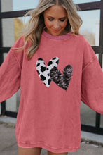 Strawberry Pink Leopard Sequin Heart Graphic Corded Sweatshirt