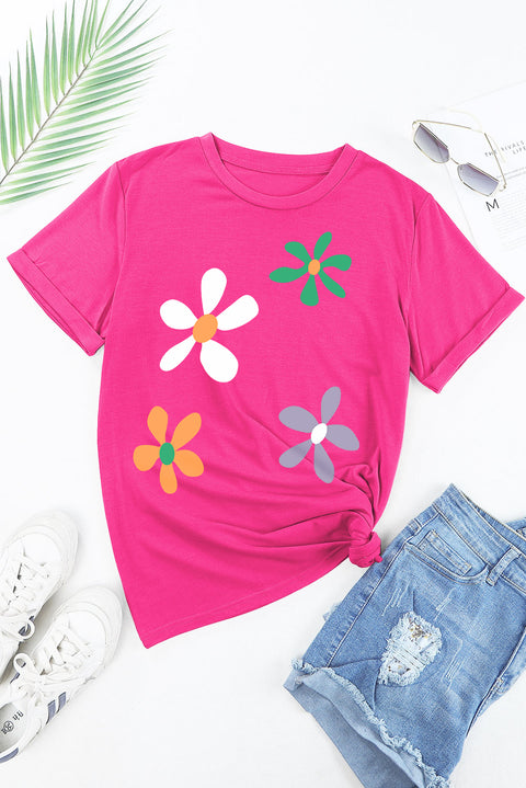 Rose Red Summer Flower Print Fashion Cotton Tee