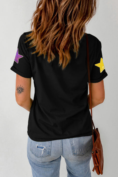 Black Colorful Sequin Stars Patched Relaxed T Shirt