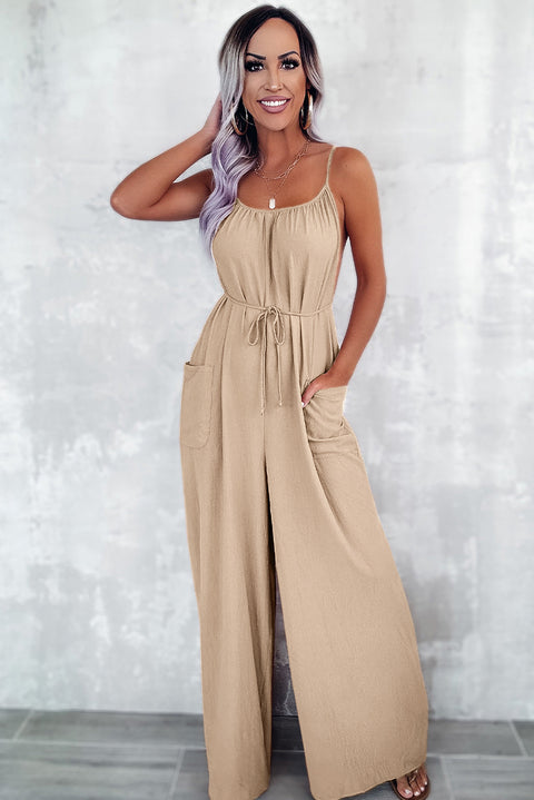 Apricot Spaghetti Straps Waist Tie Wide Leg Jumpsuit with Pockets