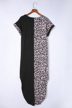 Contrast Solid Leopard Short Sleeve T-shirt Dress with Slits