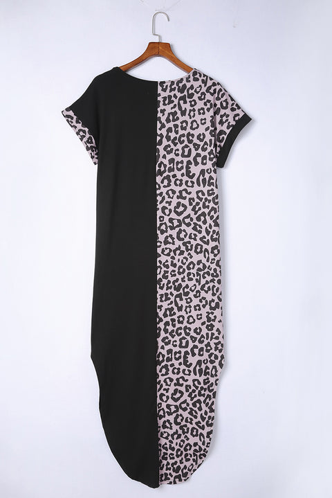 Contrast Solid Leopard Short Sleeve T-shirt Dress with Slits