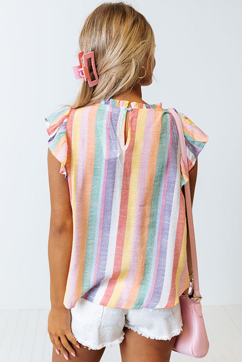 Multicolor Striped Color Block Ruffled O-neck Sleeveless Top