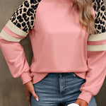 Peach Blossom Leopard Print Colorblock Raglan Sleeve Sweatshirt