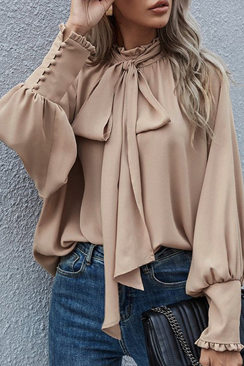 Khaki Frilled Knotted Mock Neck Bishop Sleeve Blouse