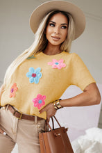 Yellow Cream Cute Flower Applique Short Sleeve Sweater