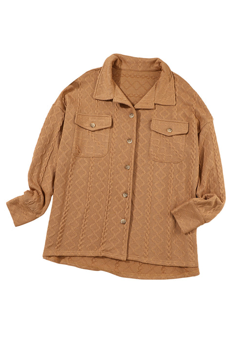 Camel Cable Knit Flap Pocket Shacket