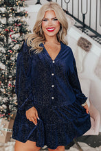 Navy Blue Plus Size Textured Velvet Tiered Button V Neck Dress