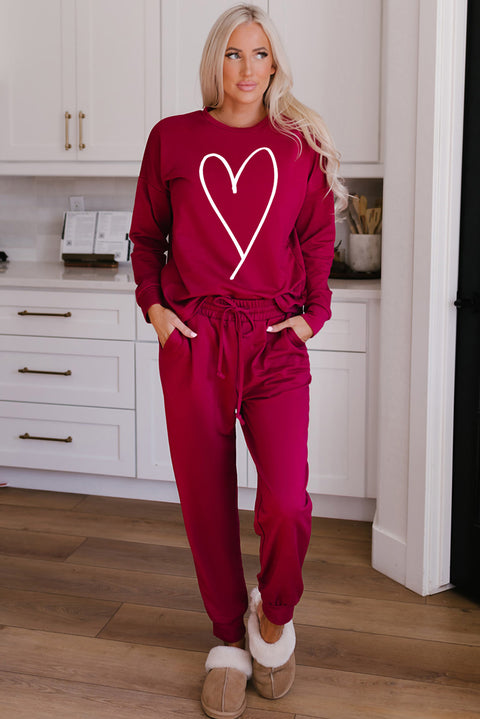 Red Heart Graphic Pullover and Joggers Casual Pants Set