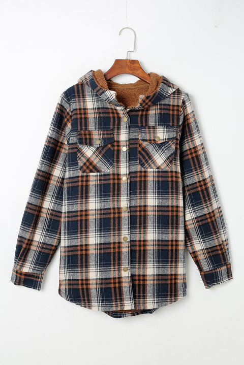 Blue Plaid Pattern Sherpa Lined Hooded Shacket