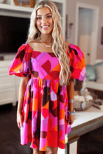 Red Abstract Print Square Neck Puff Sleeve Dress