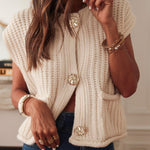 White Solid Textured Knit Side Pockets Buttoned Sweater Vest