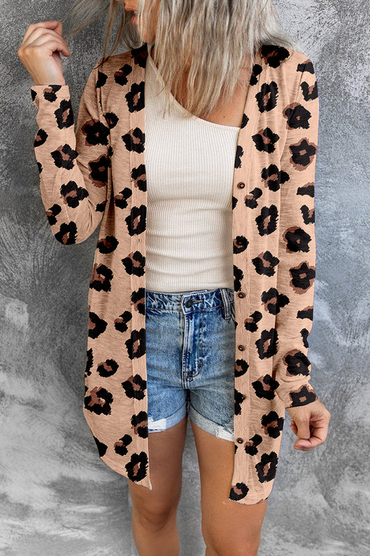 Leopard Pocketed Open Front Duster Cardigan