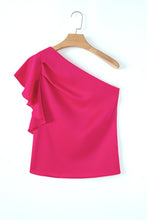 Strawberry Pink Asymmetric Shoulder Ruffle Sleeve Elegant Blouse