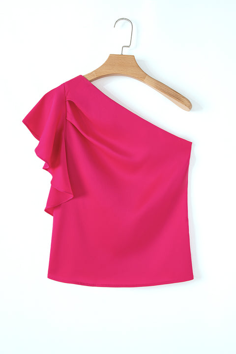 Strawberry Pink Asymmetric Shoulder Ruffle Sleeve Elegant Blouse