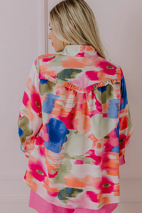 Rose Abstract Print Ruffled Puff Sleeve Shirt