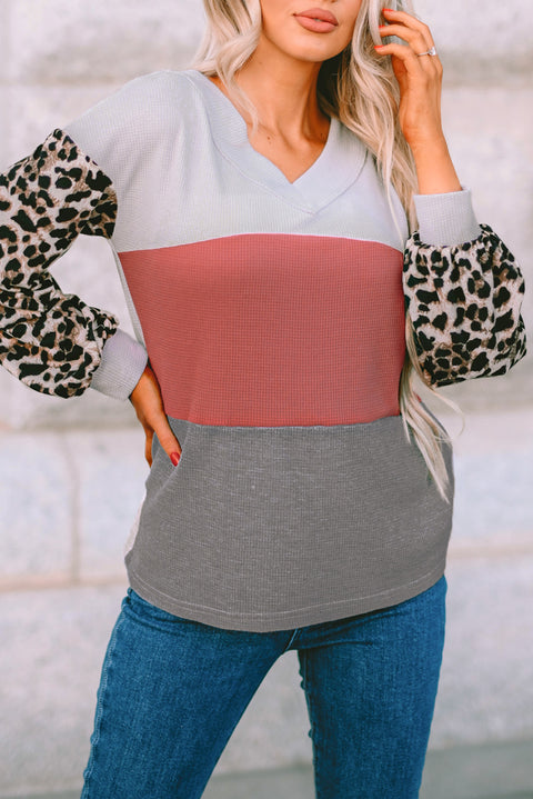 Wild Leopard Contrast Sleeve Colorblock Waffle Knit Top