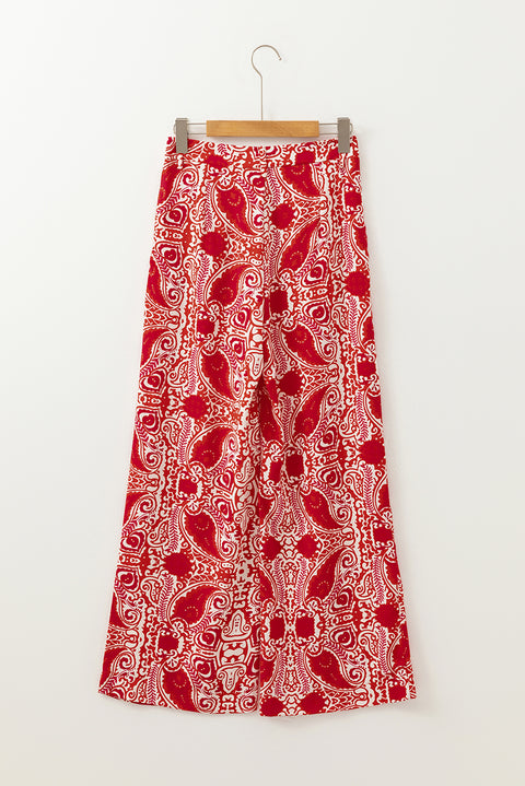 Red Paisley Printed Buttoned High Waist Straight Leg Pants