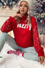 Racing Red Merry Graphic Sequin Sleeves Christmas Turtleneck Sweater