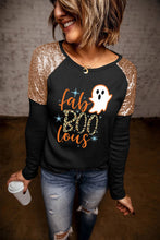 Black Leopard Boo Ghost Graphic Sequin Raglan Sleeve Top