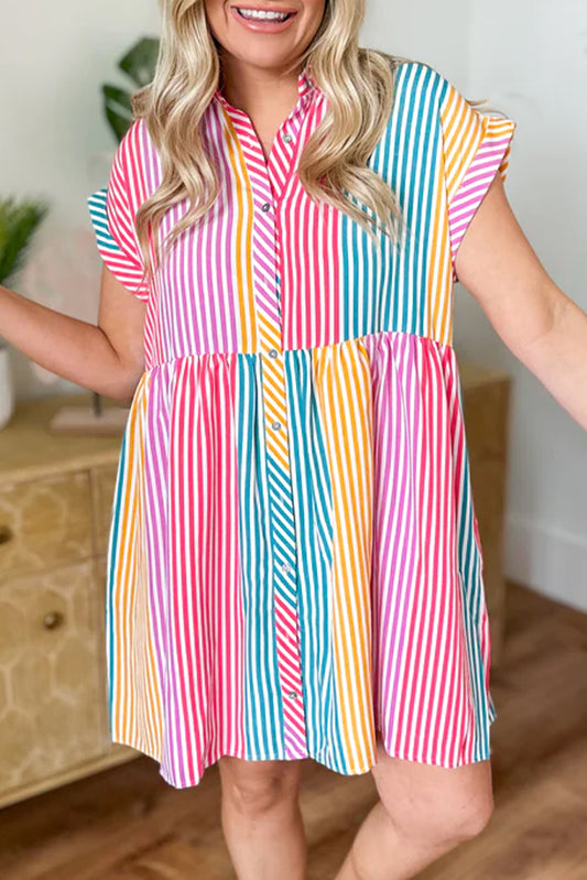 Multicolour Colorblock Striped Short Sleeve Buttoned Shirt Dress