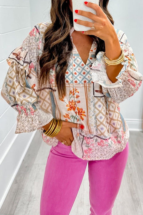 Multicolour Boho Floral Patched Ruffled Sleeve Tied Neck Blouse