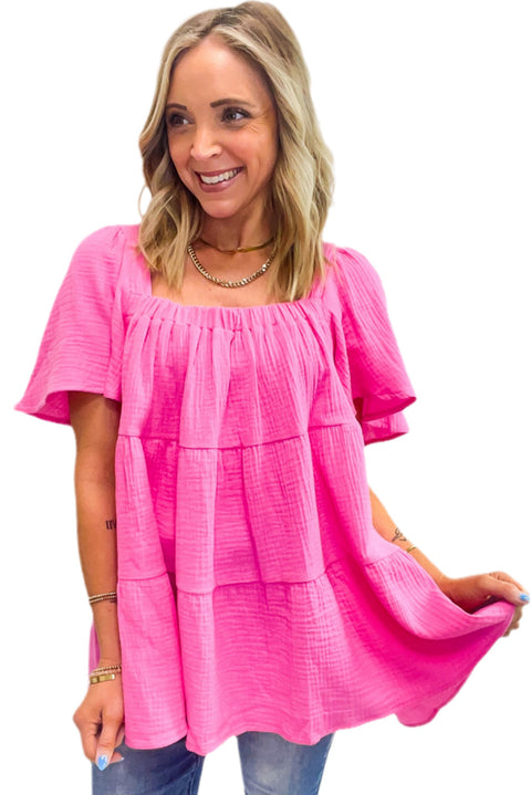 Bright Pink Textured Square Neck Flutter Sleeve Tiered Flowy Blouse