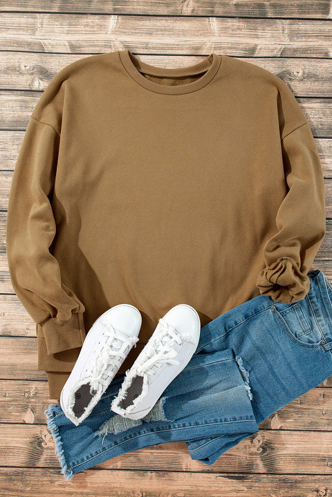 Camel Solid Fleece Lined Drop Shoulder High Low Sweatshirt