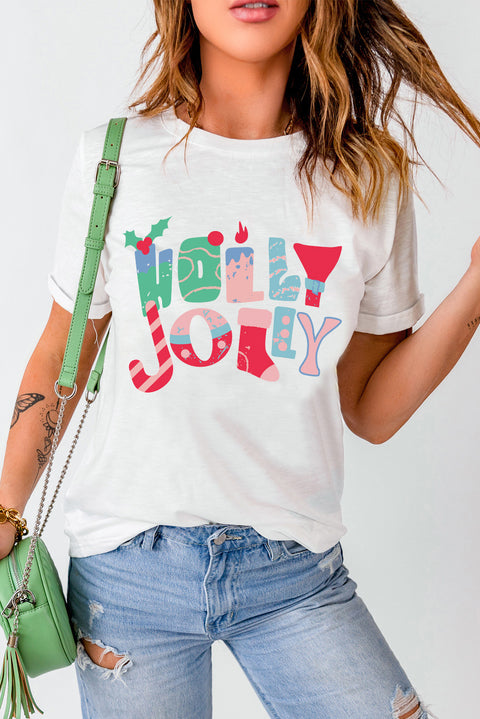 White HOLLY JOLLY Xmas Fashion Printed T-shirt