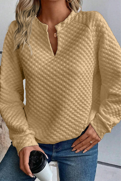 Khaki Split Neck Quilted Long Sleeve Top