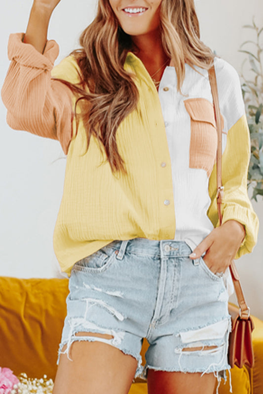 Color Block Textured Long Sleeve Shirt with Pocket