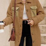 Khaki Contrast Flap Pocket Single Breasted Teddy Coat