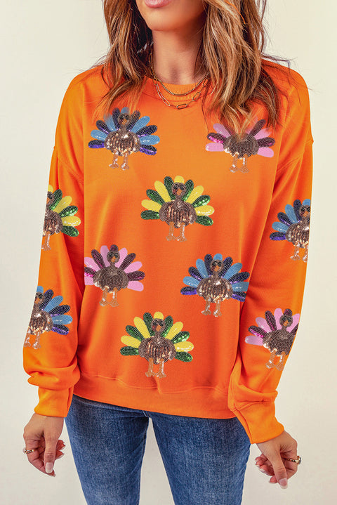 Orange  Colorful Sequin Turkey Thanksgiving Graphic Sweatshirt