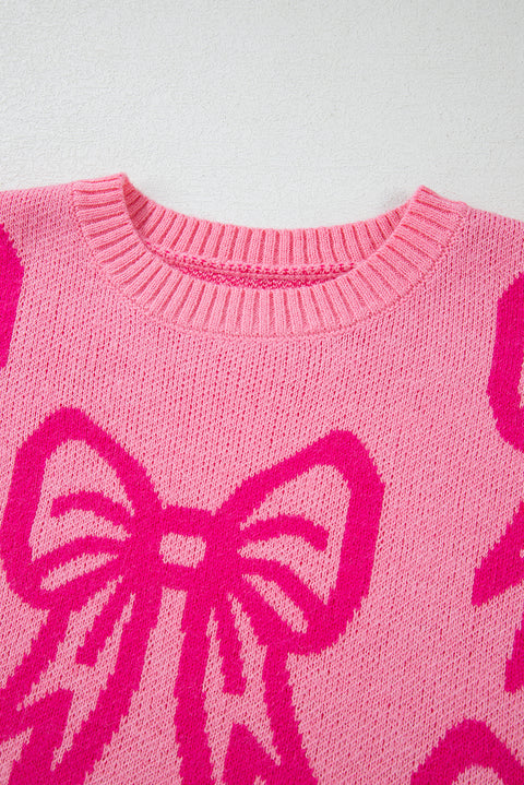 Pink Bow Pattern Drop Shoulder Loose Sweater