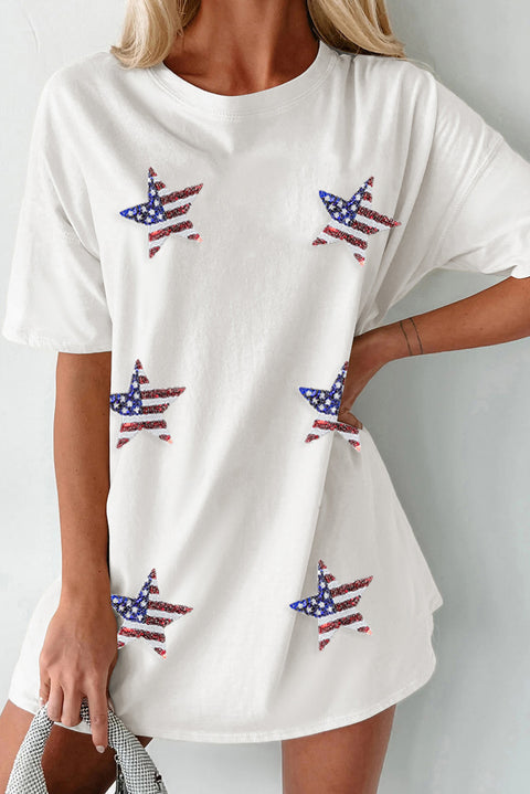 White Sequin American Flag Star Graphic Tunic T Shirt