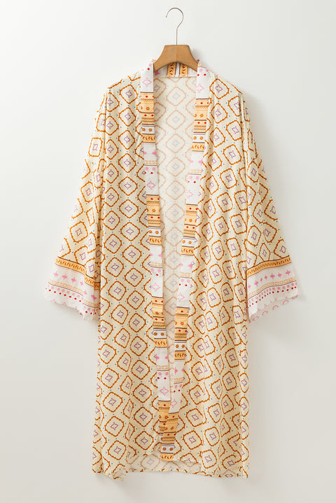 Yellow Bohemian Geometric Printed Loose Sleeve Long Kimono