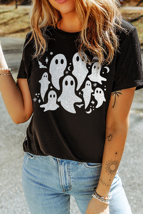 Black Halloween Glitter Ghost Pattern Crew Neck T Shirt