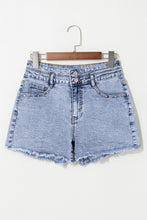 Beau Blue Rhinestone Light Wash Raw Hem High Waist Denim Shorts