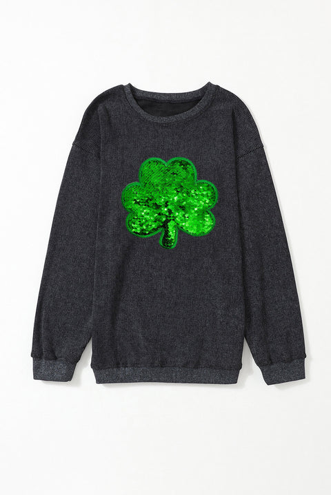 Black Sequin Embroidered Clover Corded Sweatshirt