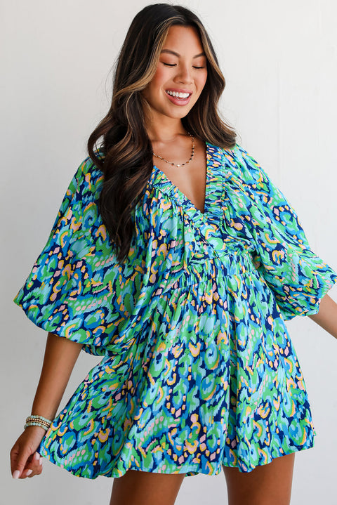 Green Abstract Print Puff Sleeve V Neck High Waist Romper