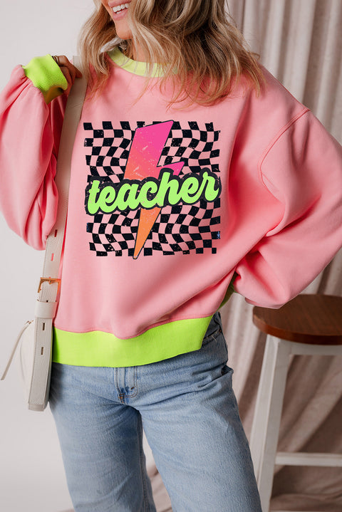 Pink Teacher Lightning Checkered Print Color Block Sweatshirt