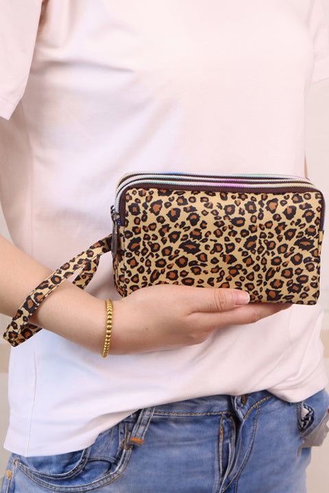 Brown Leopard Print PU Leather Wristlet Zipper Makeup Bag