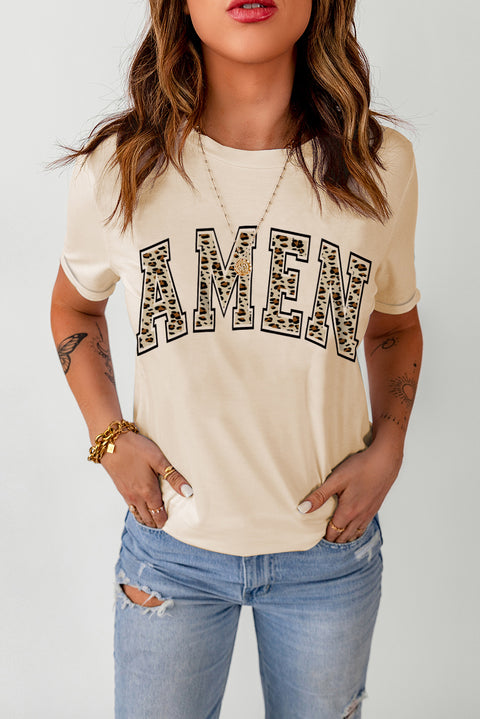 Khaki AMEN Leopard Print Short Sleeve Graphic T Shirt