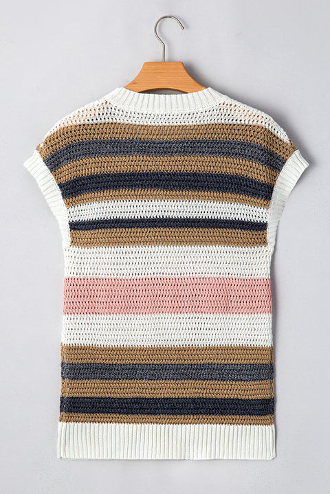 Pink Stripe Color Block Eyelet Knit Short Sleeve Sweater Tee