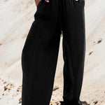 Black Drawstring High Waist Wide Leg Denim Pants