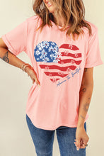 Pink Floral American Flag Heart Shape Graphic T Shirt