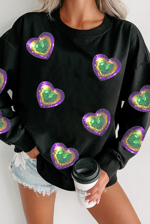 Black Mardi Gras Heart Print Crew Neck Sweatshirt