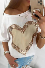 White Valentine\'s Day Sequined Heart Crew Neck Short Sleeve Top