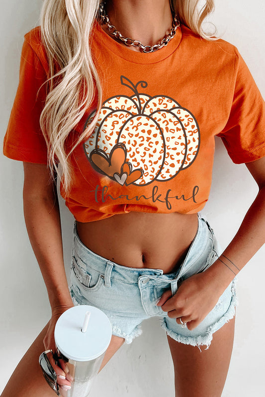 Camiseta con estampado de calabaza y leopardo naranja