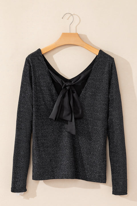 Black Metallic Bowknot Open Back V Neck Top